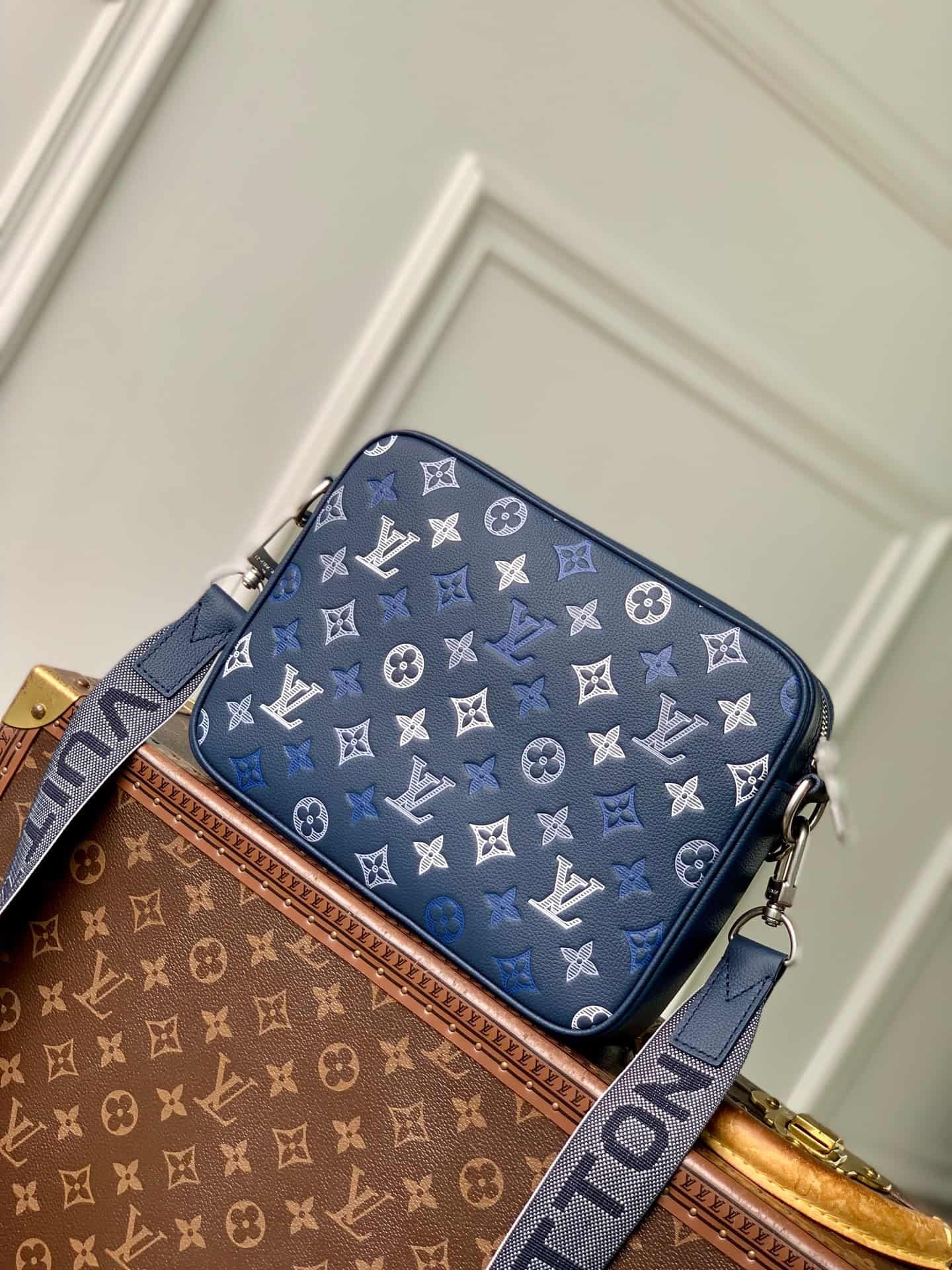 Louis Vuitton Trio Messenger Navy Blue Monogram Shadow calfskin leather M28618 High