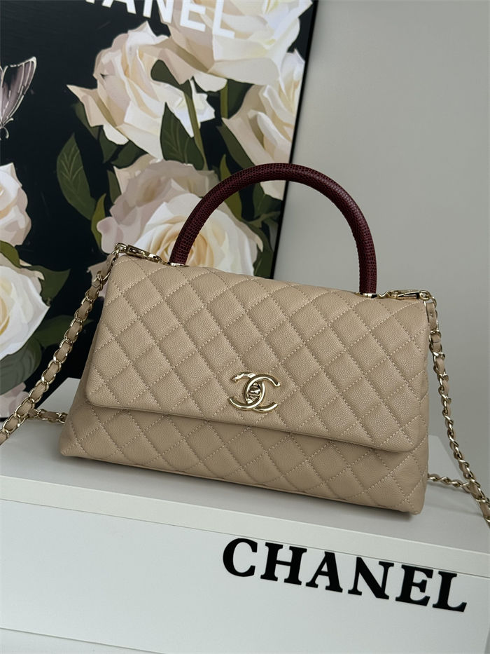 Medium FLAP BAG WITH TOP HANDLE Grained Calfskin Beige Gold Metal High