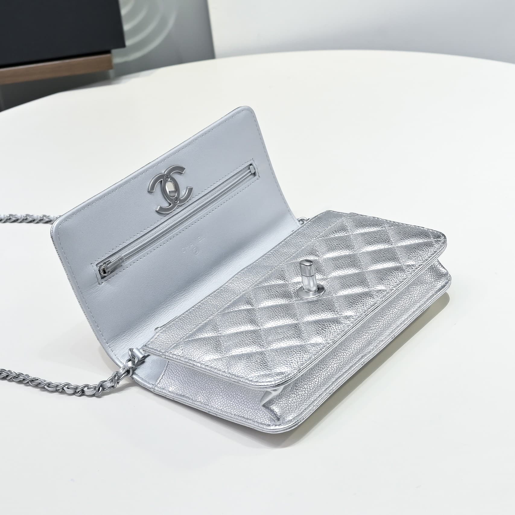 Chanel Wallet on Chain quilted metallic leather & Silver-Tone Metal Silver AP3938 High