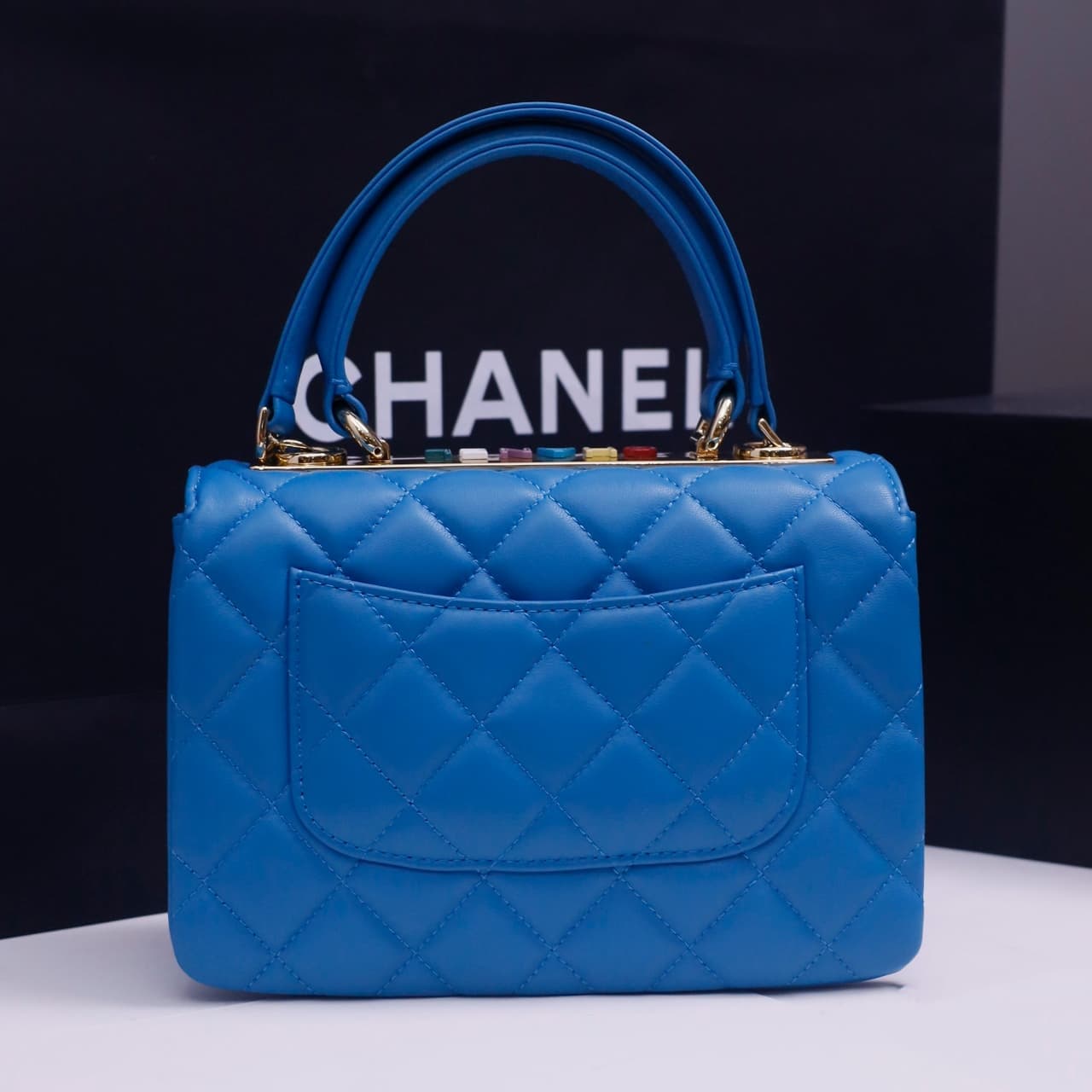 Chanel MINI FLAP BAG WITH TOP HANDLE AS4654 Lambskin &Gold-Tone Metal Blue A