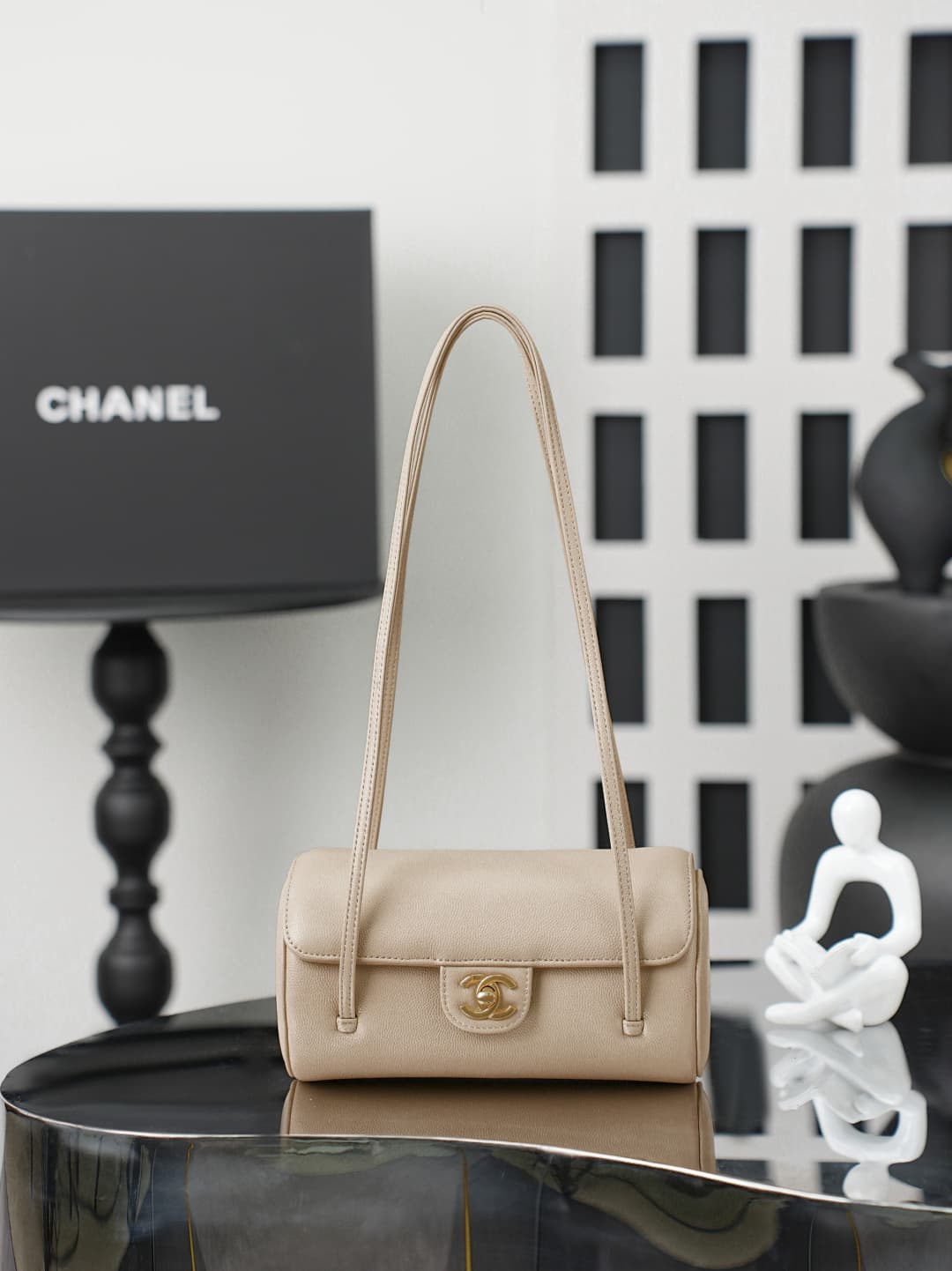 Chanel Small Bowling Bag Grained Shiny Calfskin & Gold-Tone Metal AS6143 Beige High