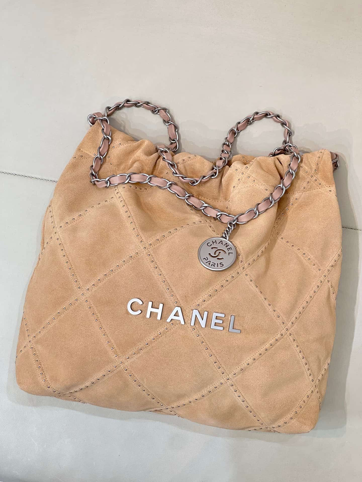 Chanel 22 Small handbag Suede calfskin studs & silver-tone metal AS3260 Beige TOP