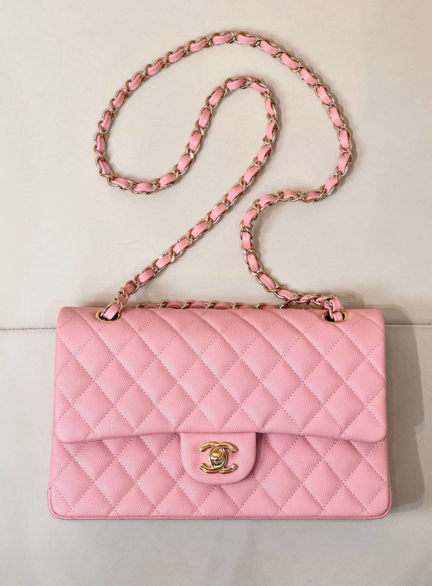 Chanel Medium CLASSIC HANDBAG Grained Calfskin Pink Gold Metal TOP