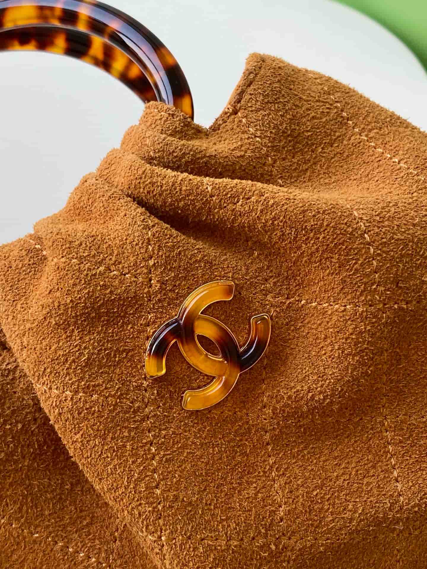 Chanel Mini Hobo Bag Suede Calfskin Turtoise-Shell Effect Plexi & Gold-Tone Metal Camel AS4981 High