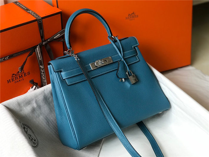 Hermes Kelly 25/28/32cm Retourne Bag Togo Leather In Agate Blue WAX High
