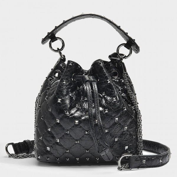 Valentino Small Spike Bucket Bag Black High