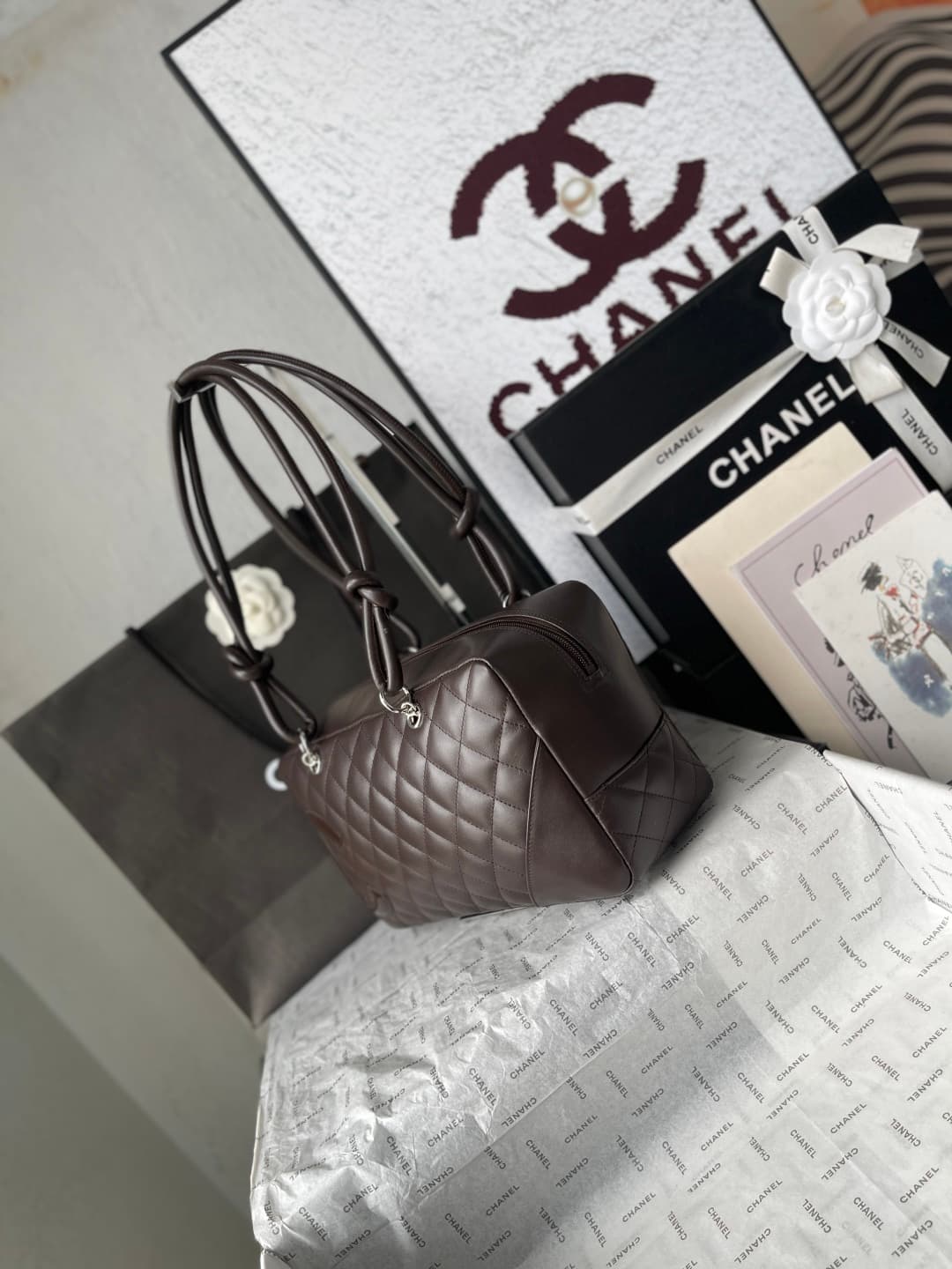 Chanel Cambon Ligne Bowler bag Calfskin & Silver-Tone Metal AS25171 Dark Brown High