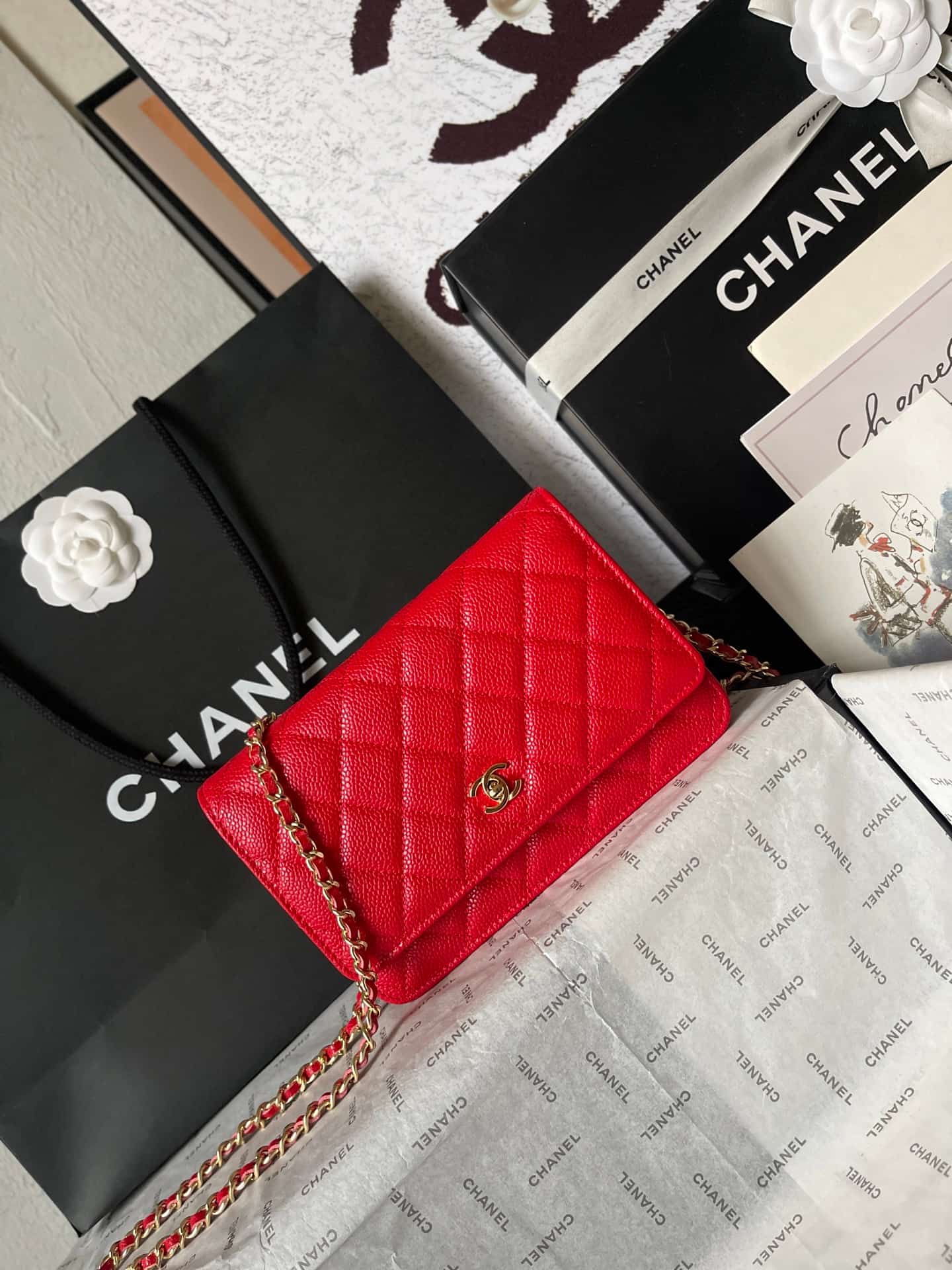 Chanel Classic Wallet on Chain Grained Shiny Calfskin & Gold-Tone Metal AP4241 Red A