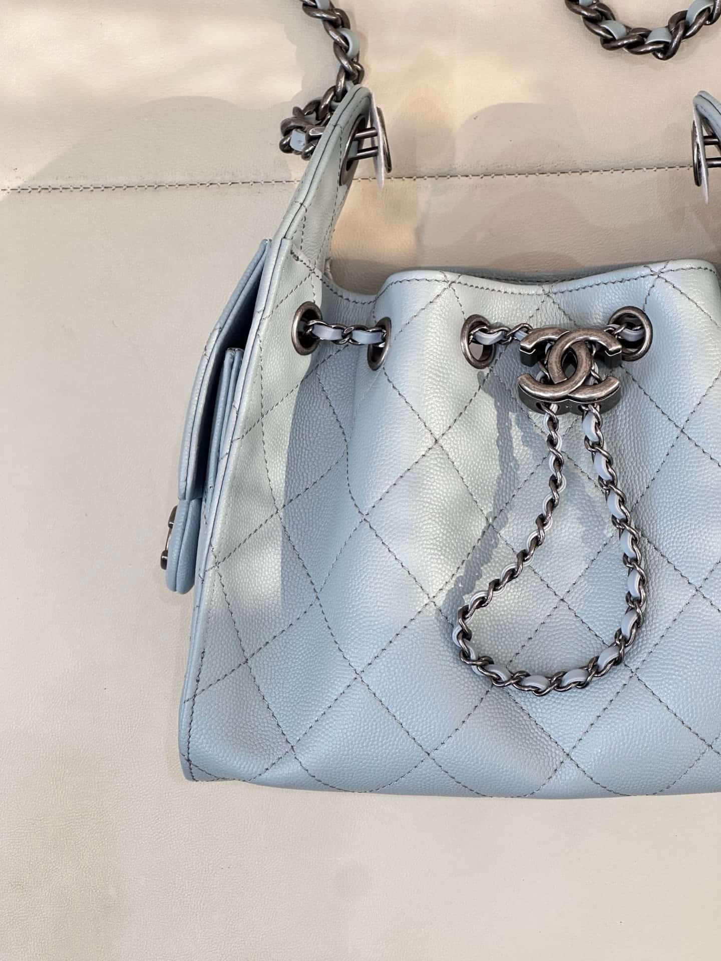 CHANEL 25 Mini Handbag AS5631 Grained Calfskin & Black & Silver-Tone Metal Light Blue TOP