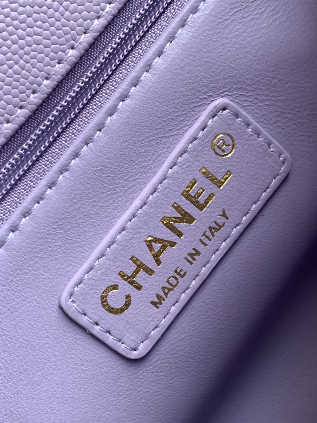 FLAP BAG WITH TOP HANDLE Grained Calfskin & Gold-Tone Metal A92990 Lilac Binding A