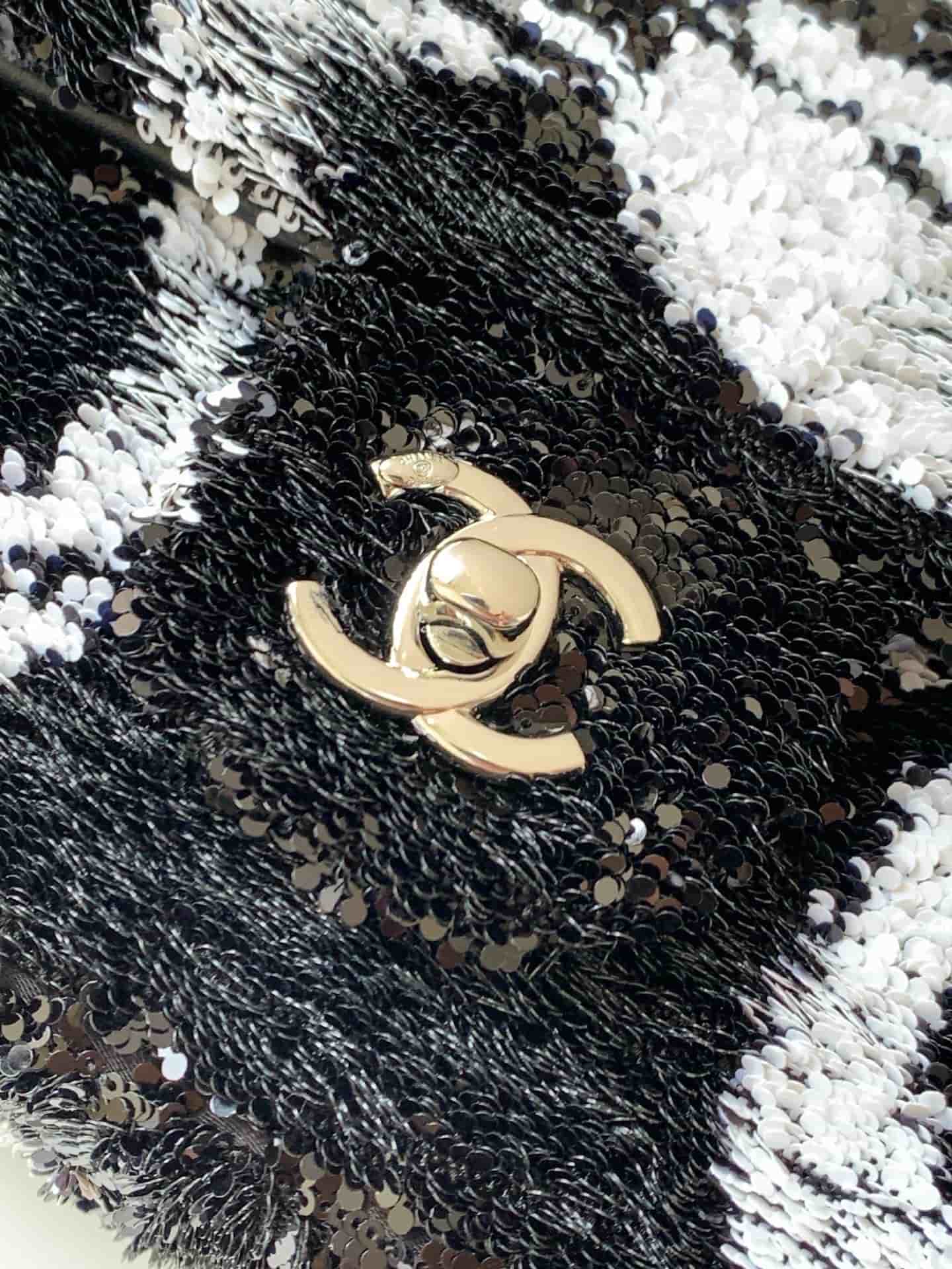 Chanel Classic Mini Flap Bag Sequins Embroidery & Gold-Tone Metal Black White 6171 A