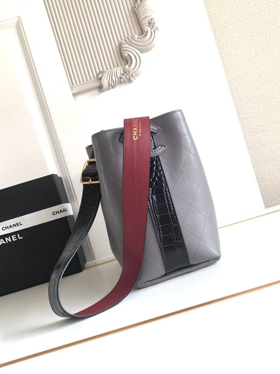 Chanel Bucket Bag Calfskin Leather & Gold-Tone Metal Grey AS6584 A