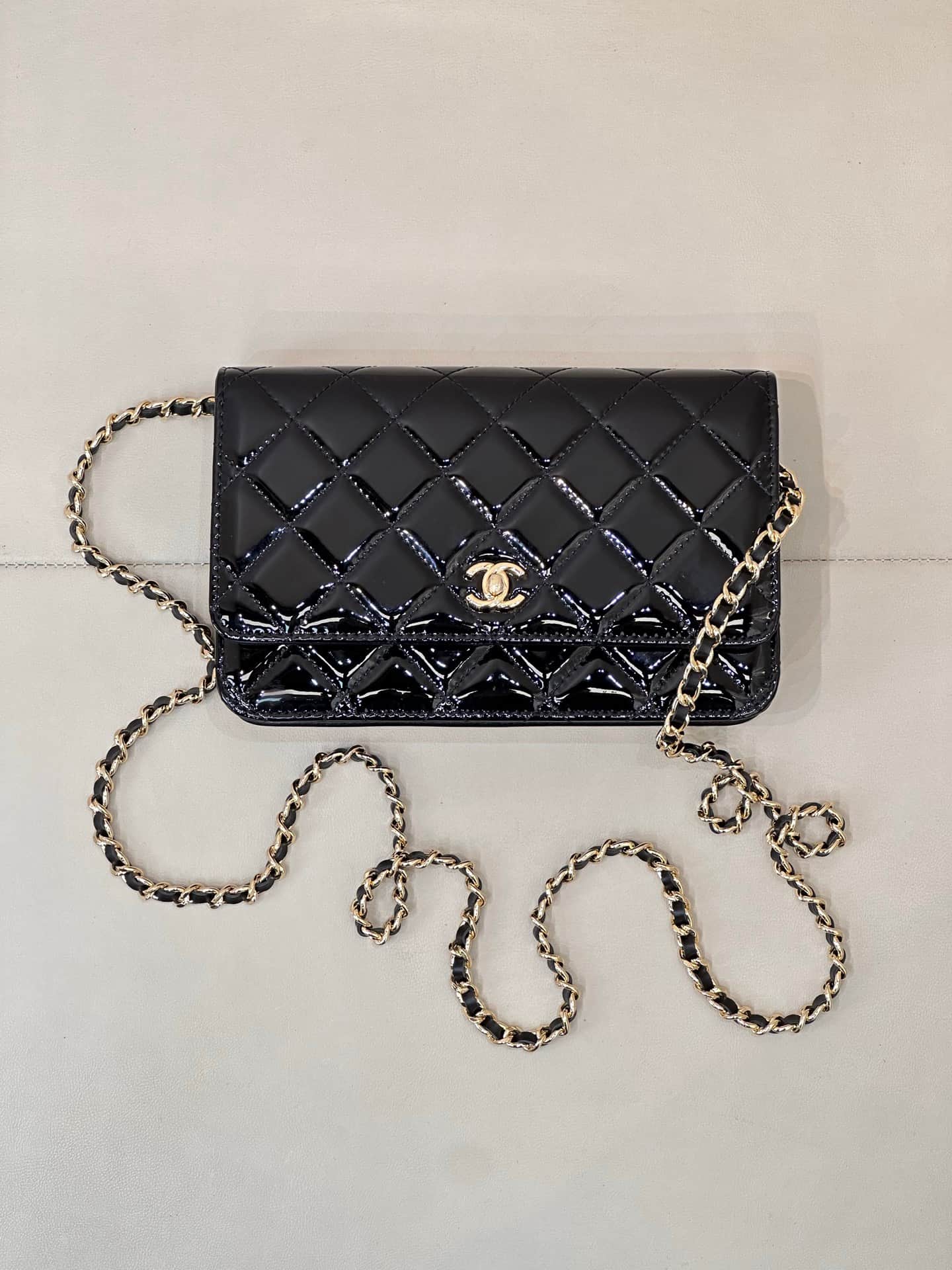Chanel Classic Wallet on Chain Patent Quilted & Gold-Tone Metal AP4241 BLACK TOP