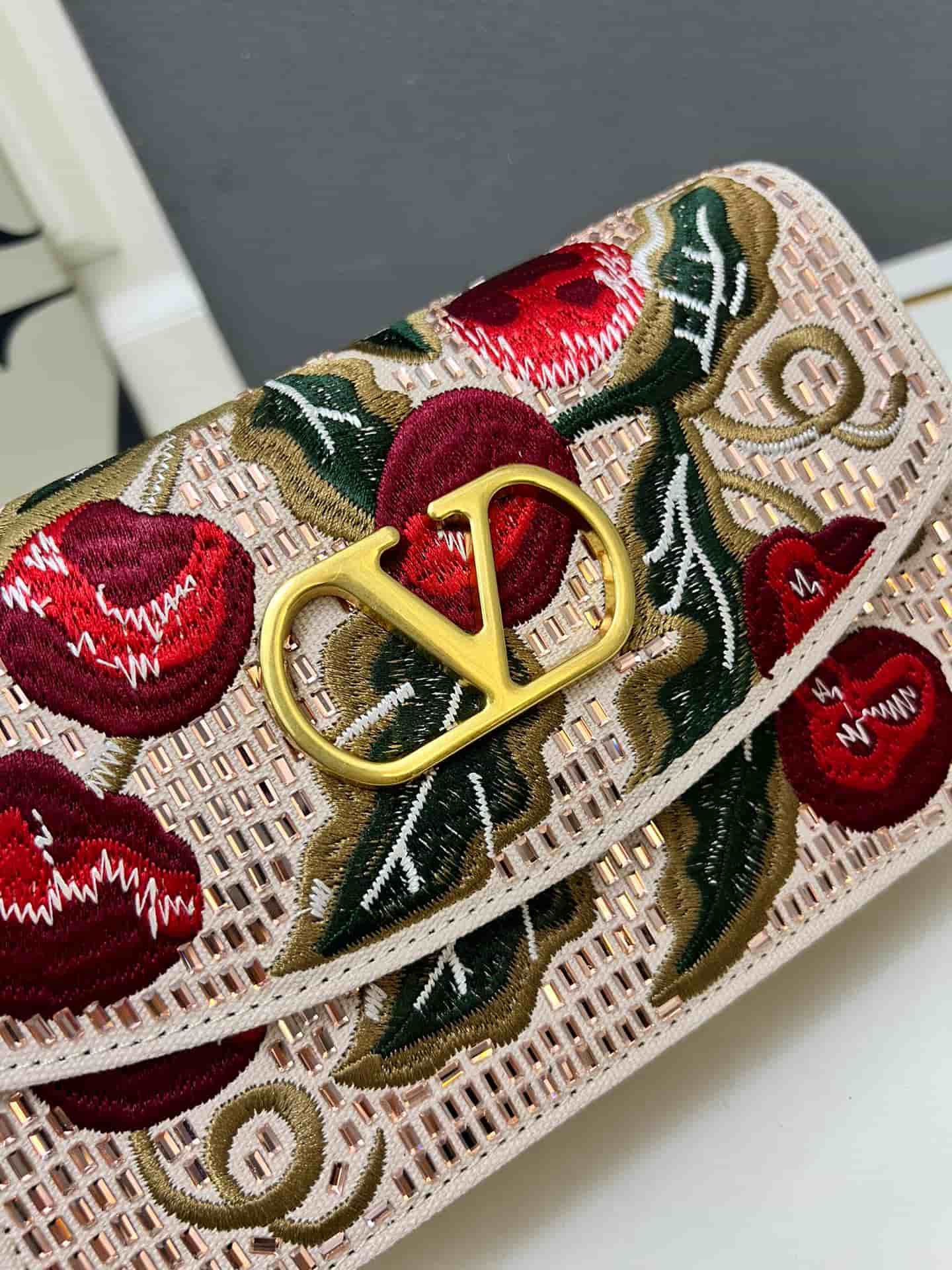 Valentino Garavani Vain Embroidered Shoulder Clutch With Cherryfic Pattern Mid