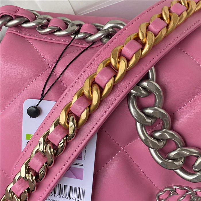 Large Chanel 19 Flap Bag Lambskin Dark Pink Silver High