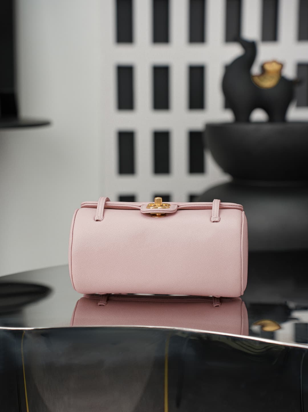 Chanel Small Bowling Bag Grained Shiny Calfskin & Gold-Tone Metal AS6143 Light Pink High