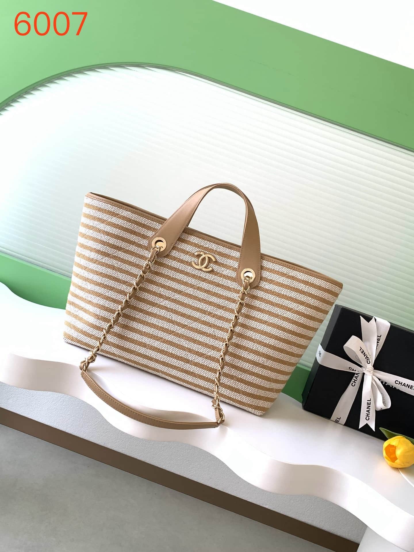 Chanel Deauville tote bag Striped canvas & Gold-Tone Metal Beige AS6007 A