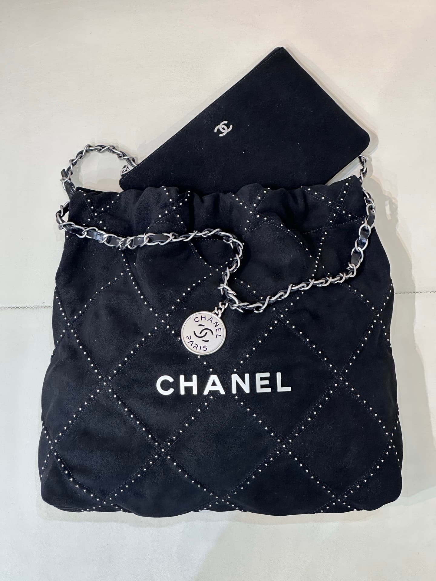 Chanel 22 Small handbag Suede calfskin studs & silver-tone metal AS3260 Black TOP