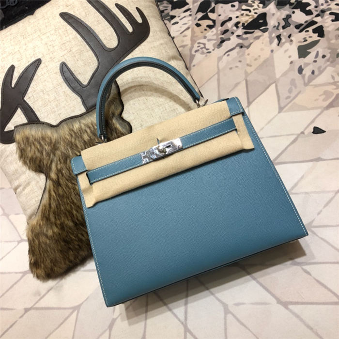 Hermes Kelly 25/28cm Sellier Bag Epsom Leather Silver/Gold Metal In Dk-Blue WAX High