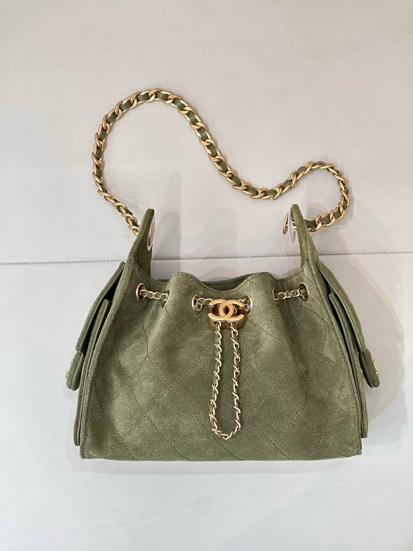 CHANEL 25 Mini Handbag AS5631 Suede &Gold-tone Metal Military Green TOP