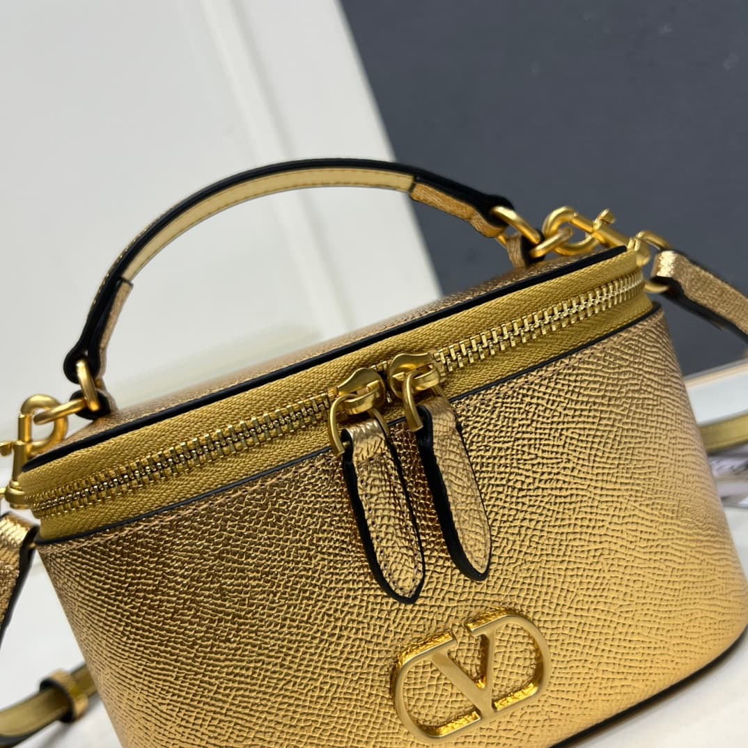 Valentino Garavani VLogo Signature Mini Vanity Bag in Gold Calfskin Mid
