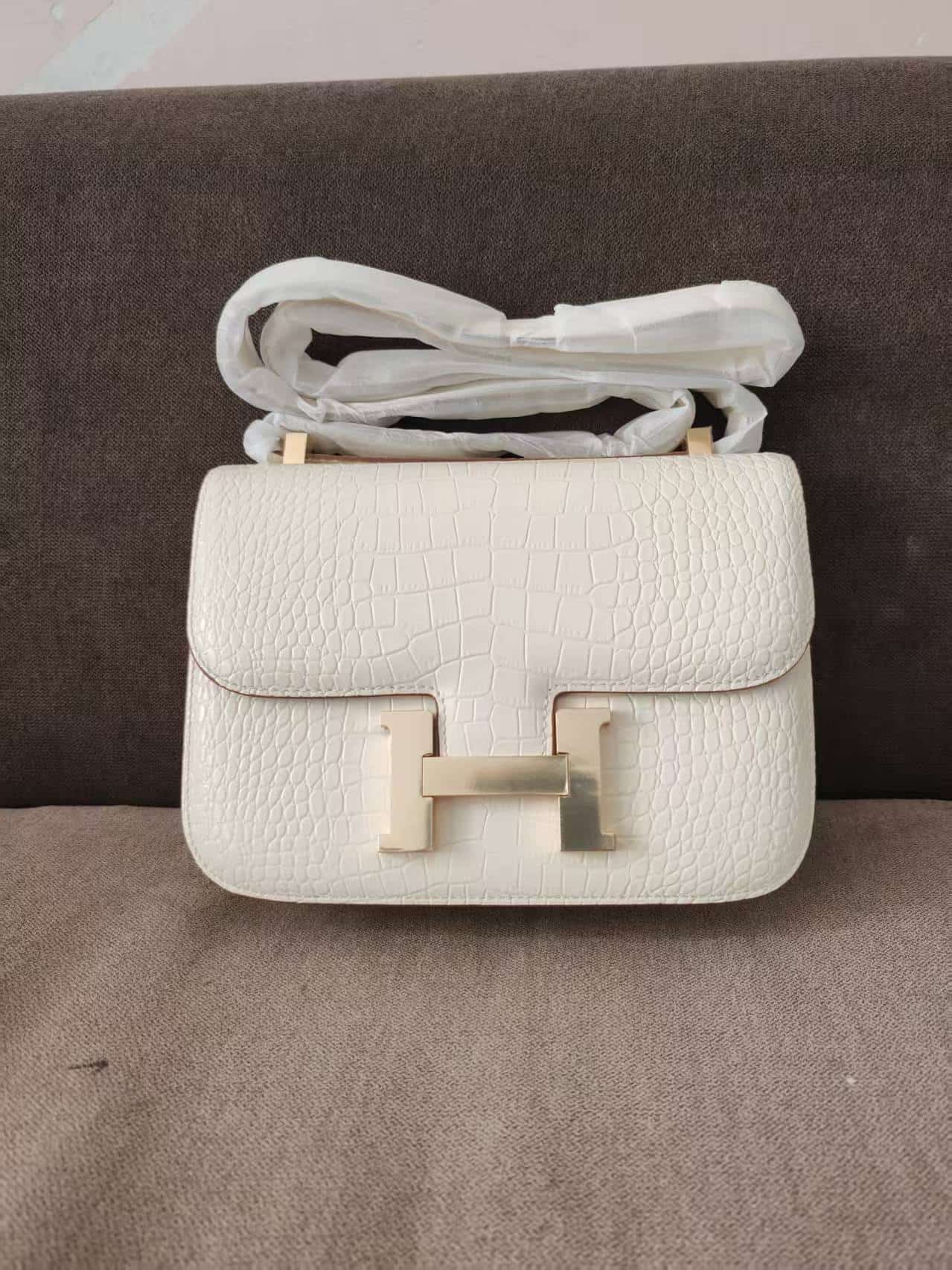 Hermes Constance 24cm Crocodile Leather Bag Silver/Gold Metal High
