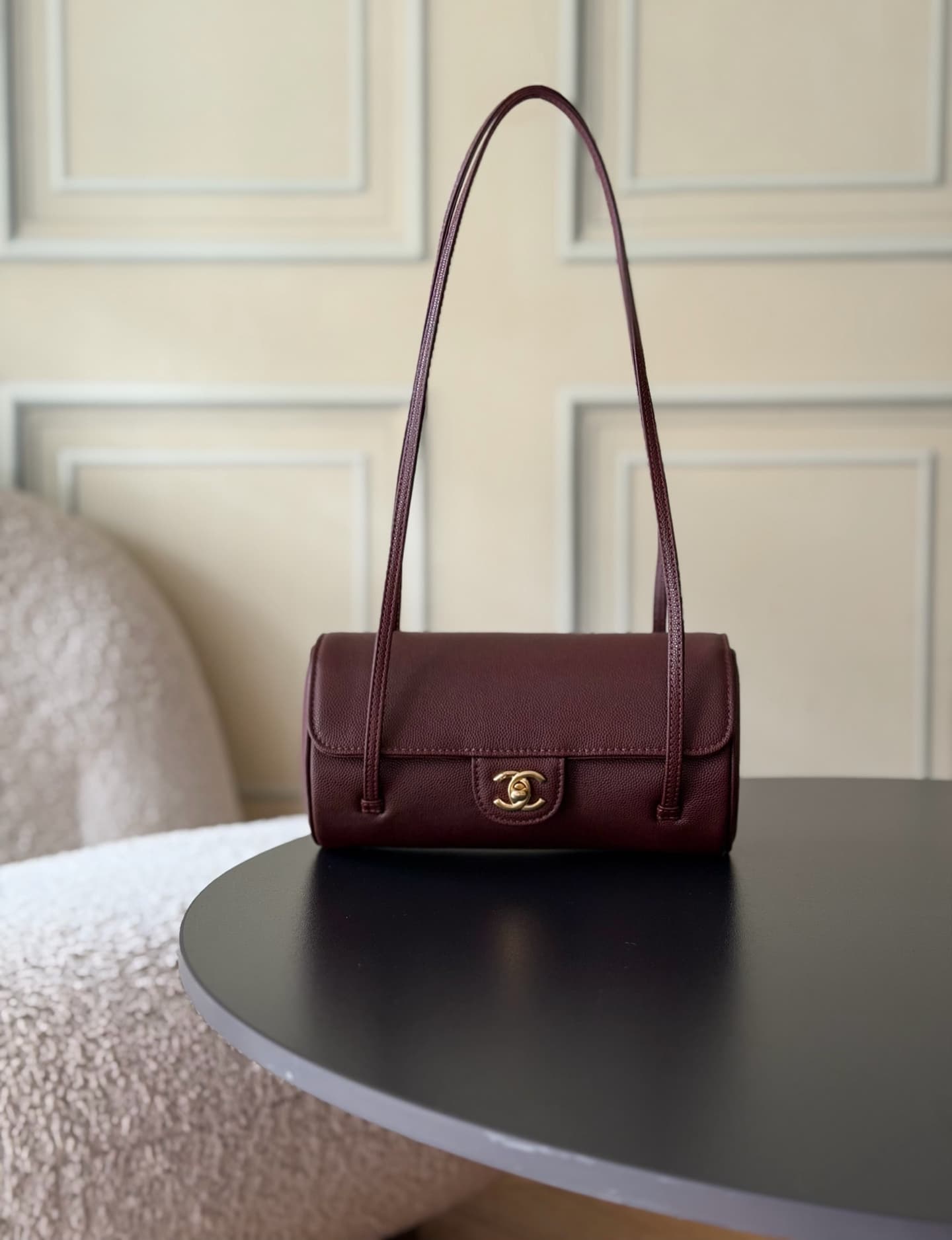 Chanel Small Bowling Bag Grained Shiny Calfskin & Gold-Tone Metal AS6143 Dark Burgundy High