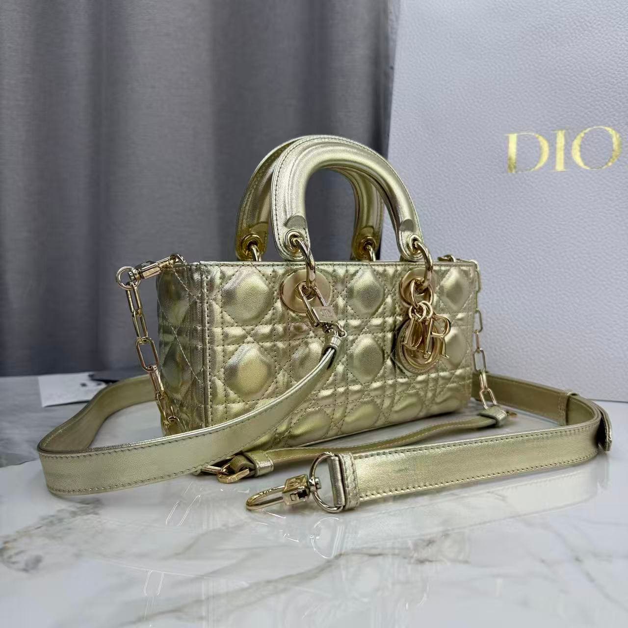 LADY D-JOY BAG SMALL Cannage Lambskin Gold High