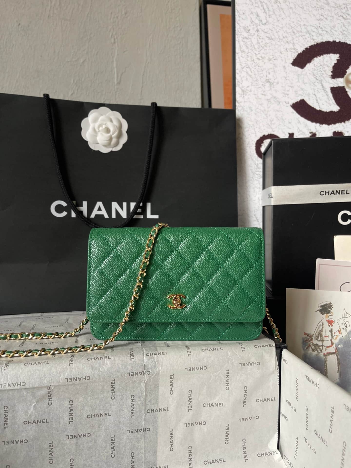 Chanel Classic Wallet on Chain Grained Shiny Calfskin & Gold-Tone Metal AP4241 Green A