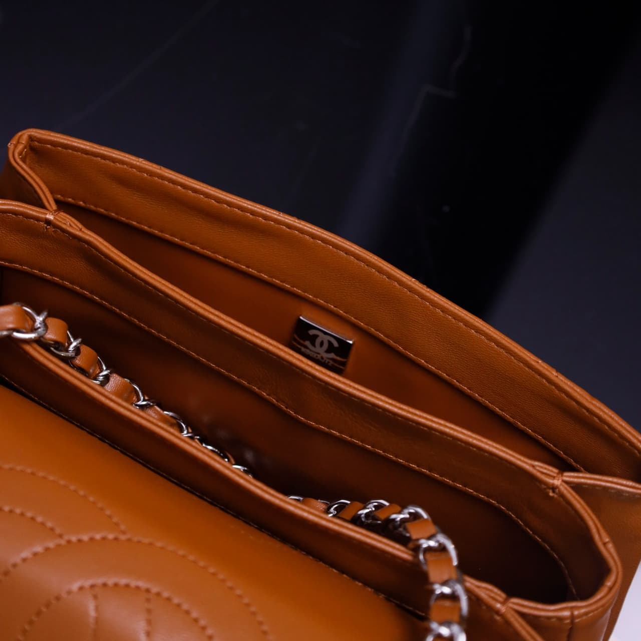 SMALL FLAP BAG WITH TOP HANDLE Lambskin Silver Metal Tan A
