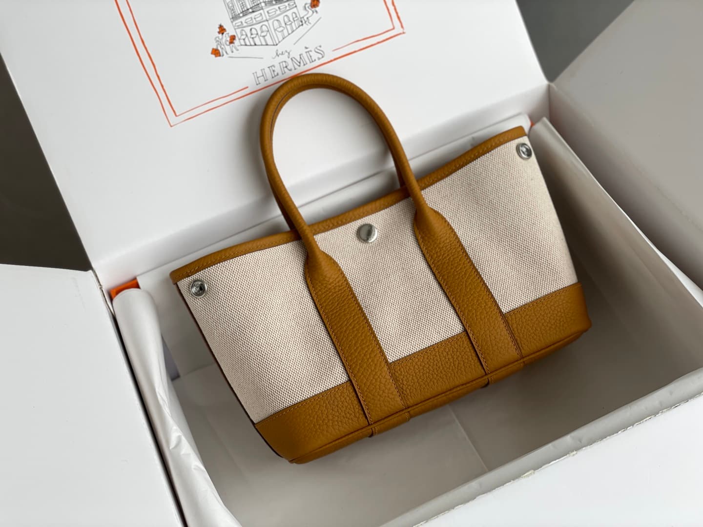 Hermes Garden Party 23 bag in Beach Gold Togo Leather With Canvas WAX High