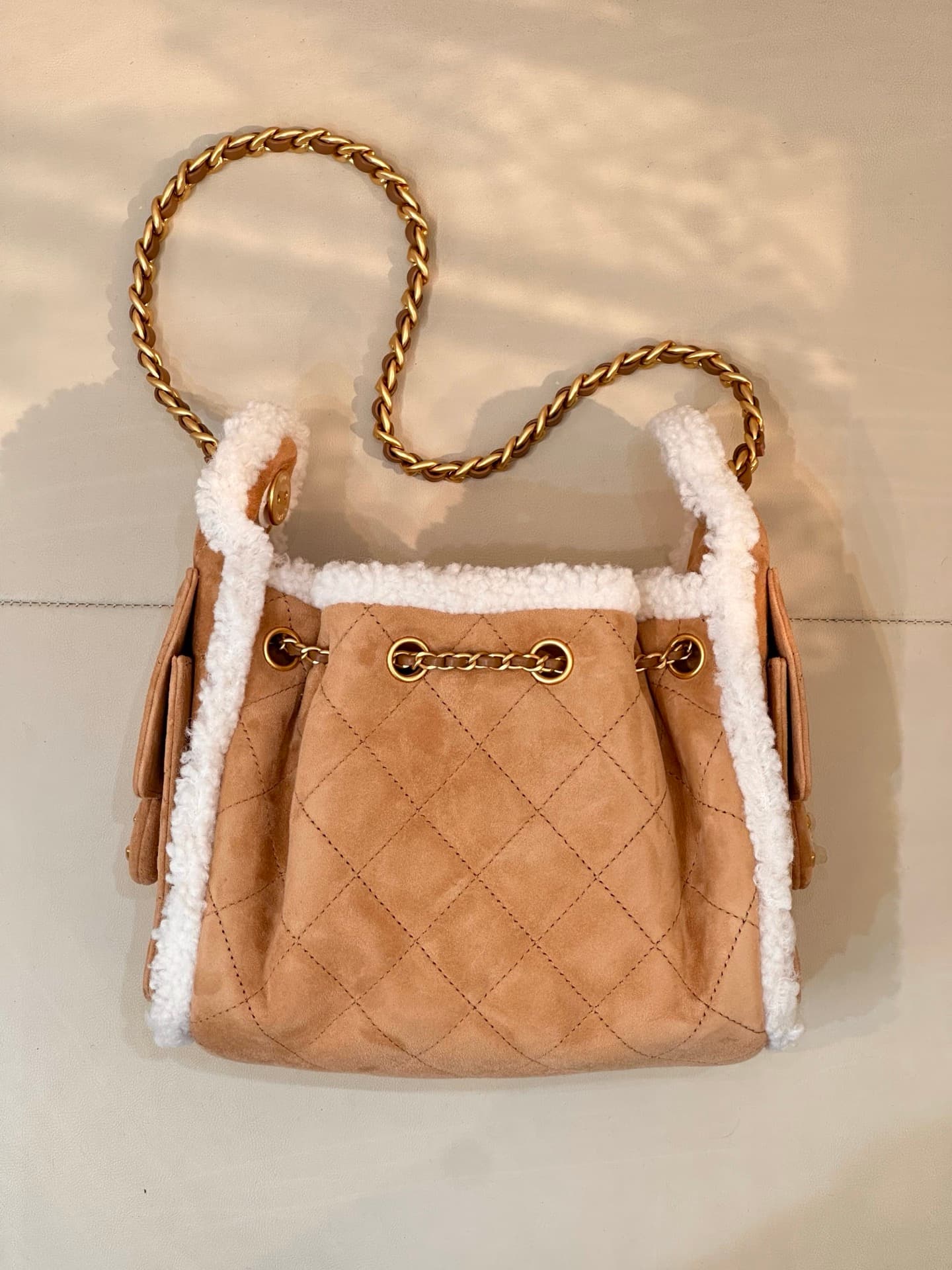 CHANEL 25 Mini Handbag AS5631 Suede &Shearling &Gold-tone Metal Beige TOP