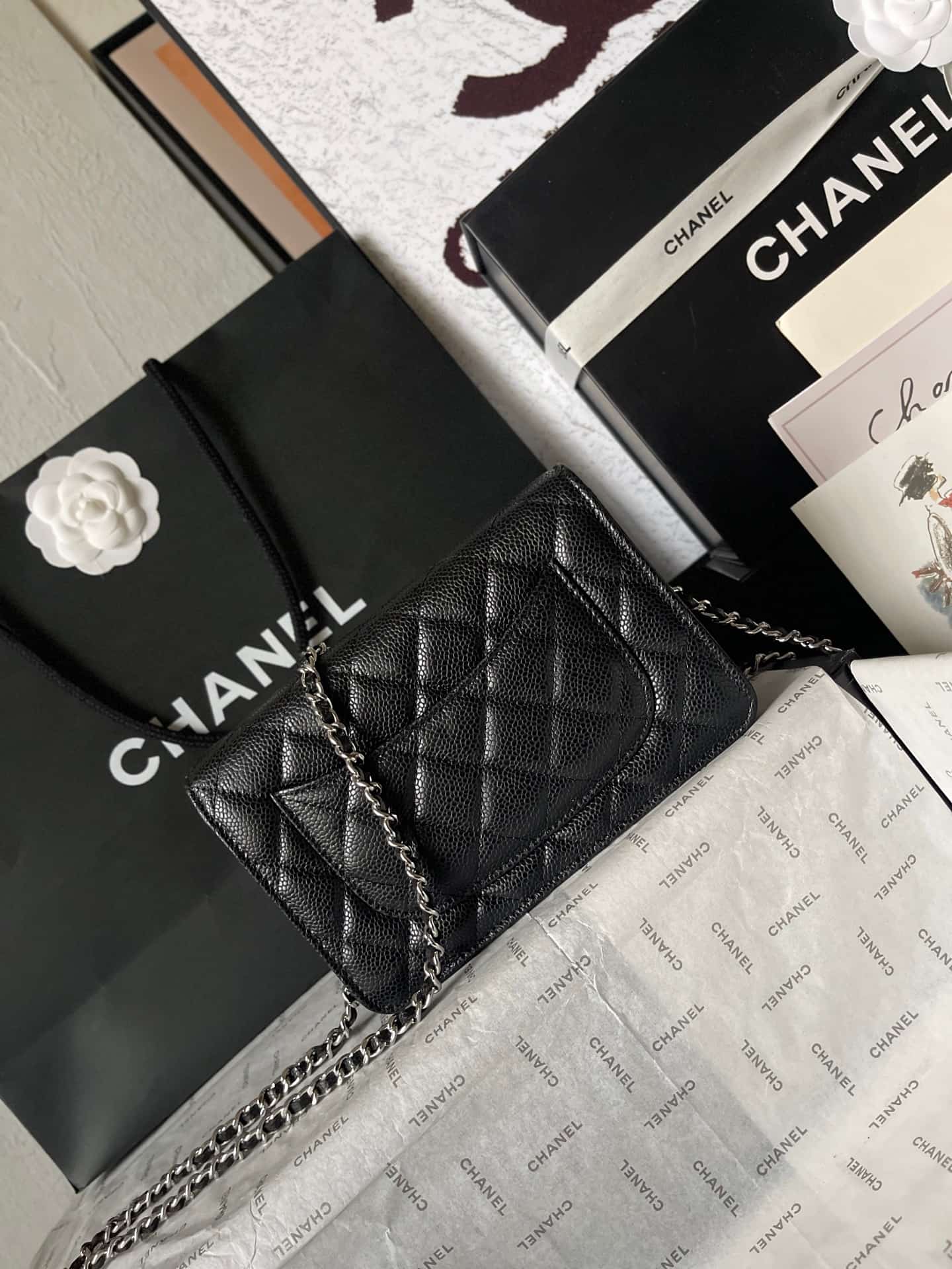 Chanel Classic Wallet on Chain Grained Shiny Calfskin & Silver-Tone Metal AP4241 Black A