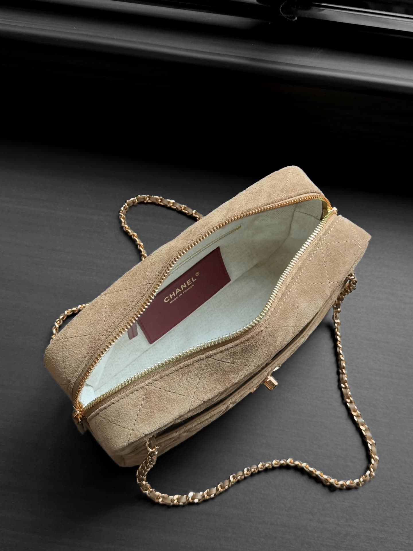 Chanel Maxi Camera Case Suede Calfskin & Gold Metal Dark Beige AS6443 A
