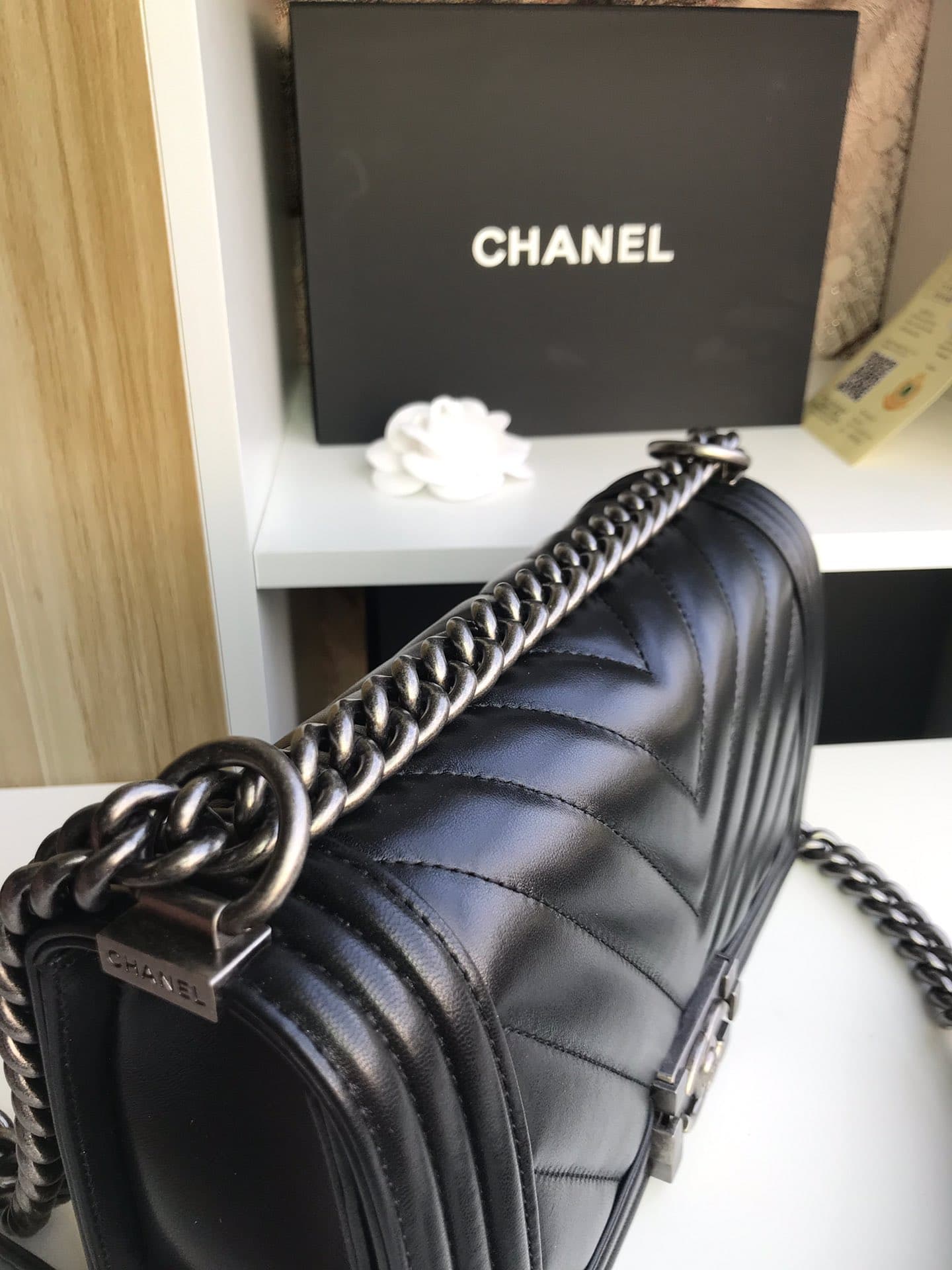 BOY Chanel HANDBAG Chevrons Pattern Lambskin Silver Metal Black High