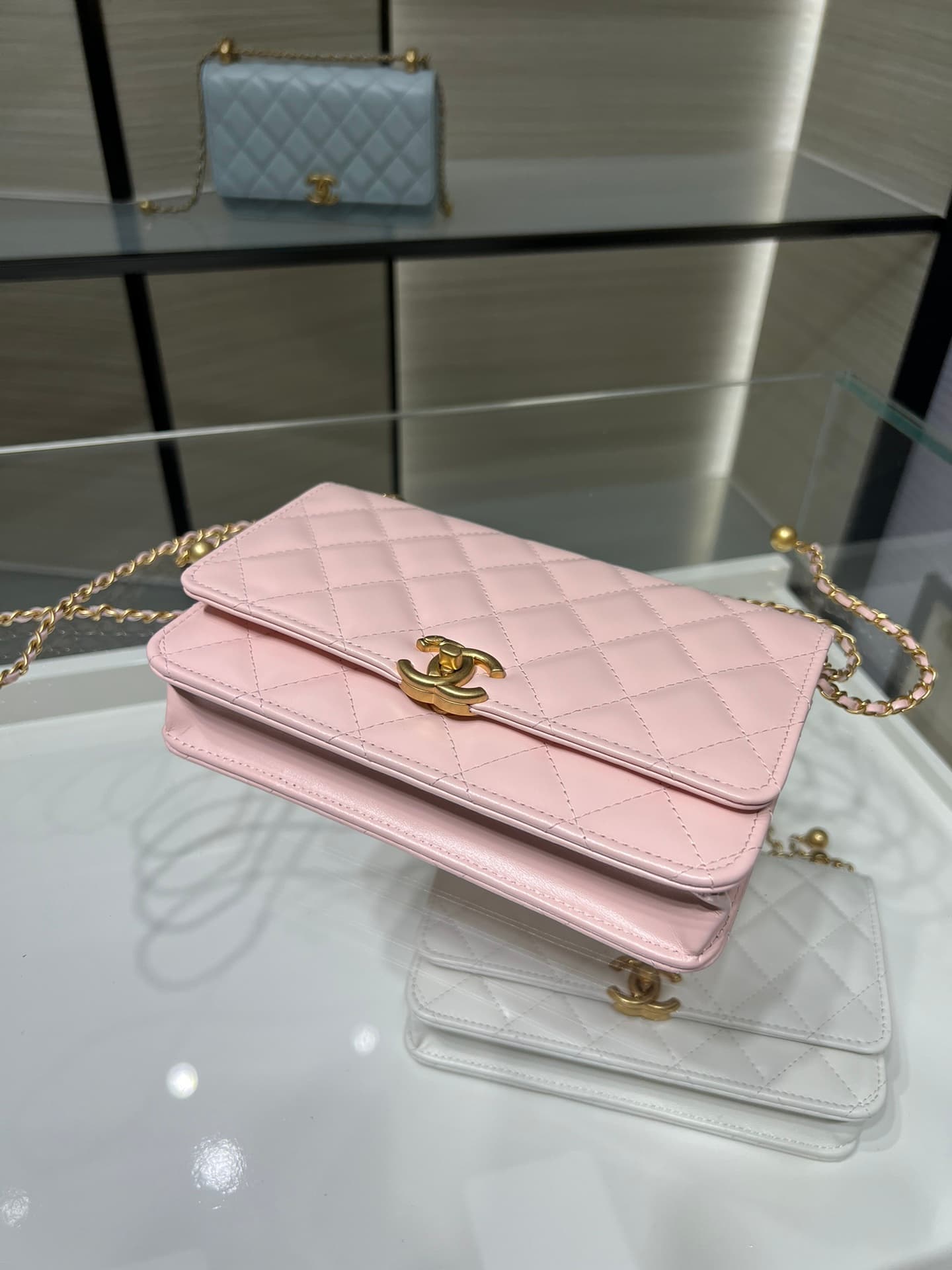 Chanel Wallet on Chain Shiny Calfskin & Gold-Tone Metal Pink AP2289 High
