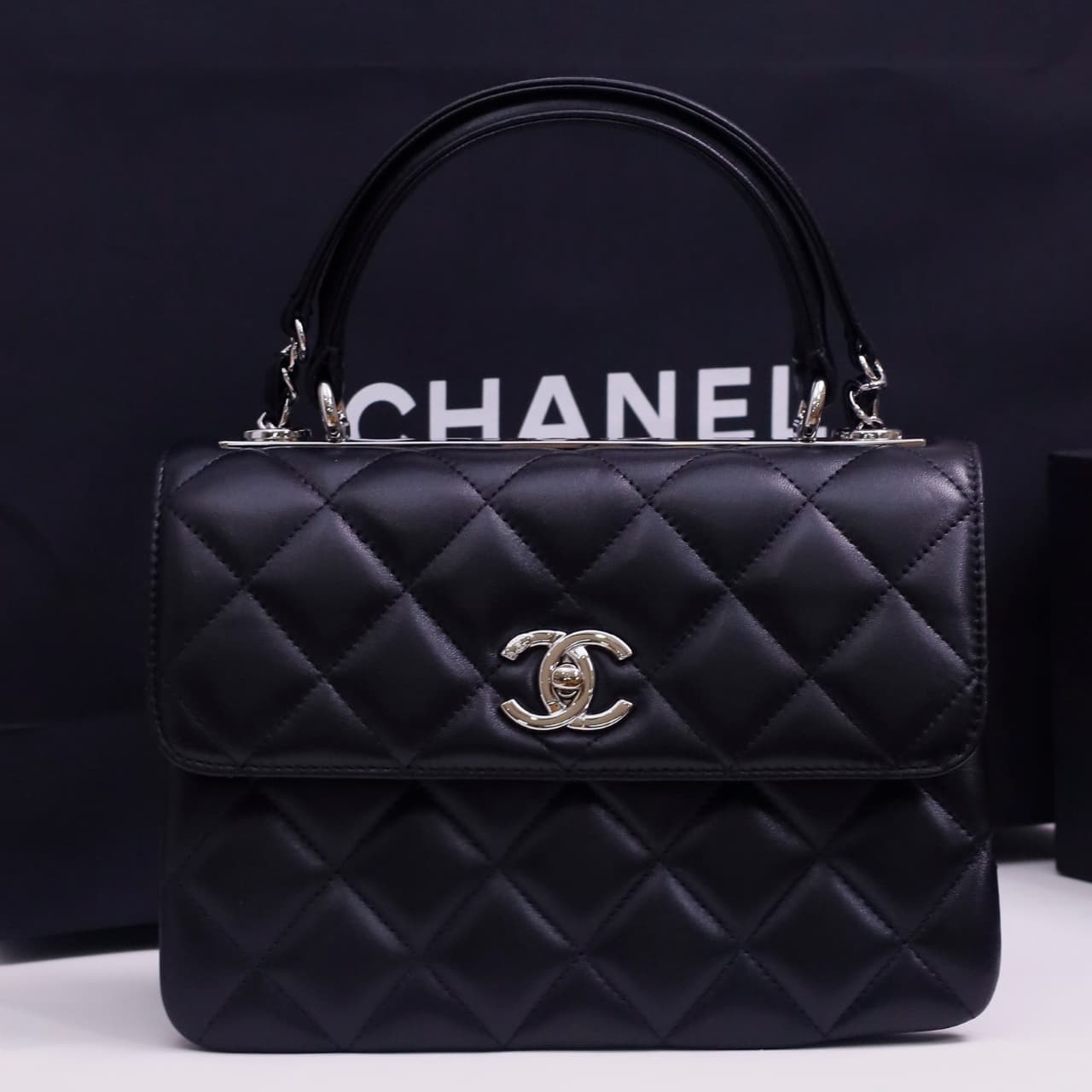 SMALL FLAP BAG WITH TOP HANDLE Lambskin Silver Metal Black A