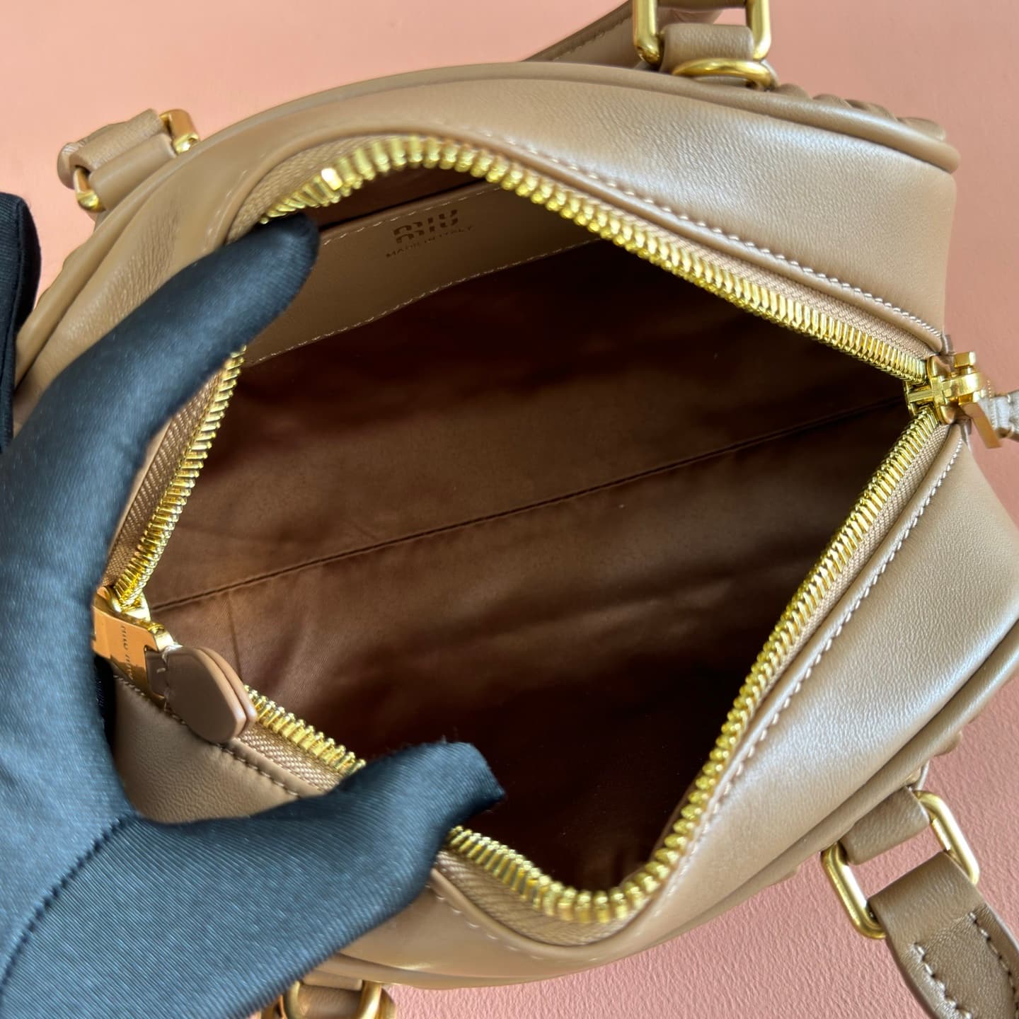 Miu Miu Arcadie Matelassé nappa leather bag Caramel 5BB191 TOP