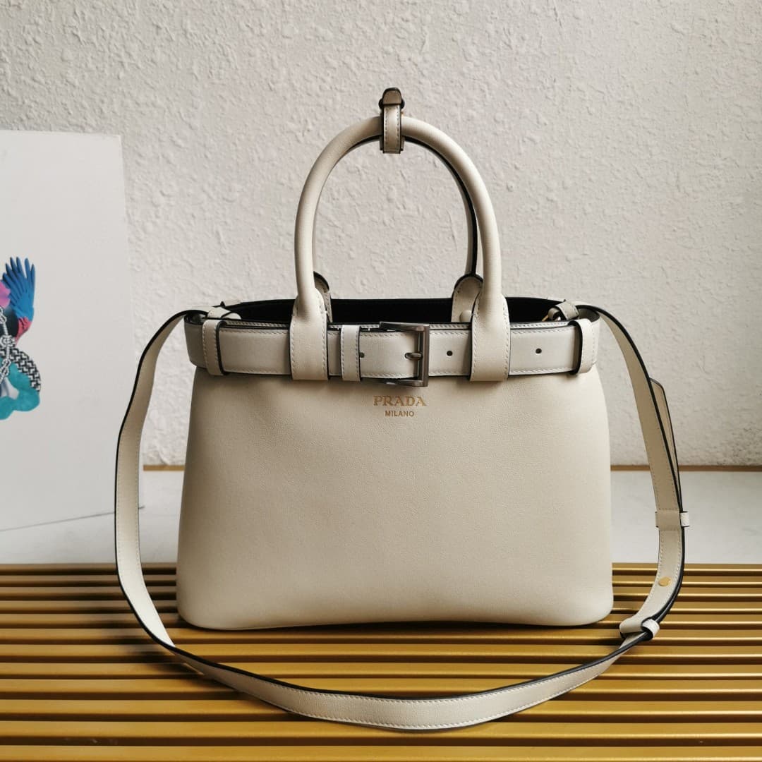 Prada Buckle small leather handbag with belt 1BA434 White/Black High