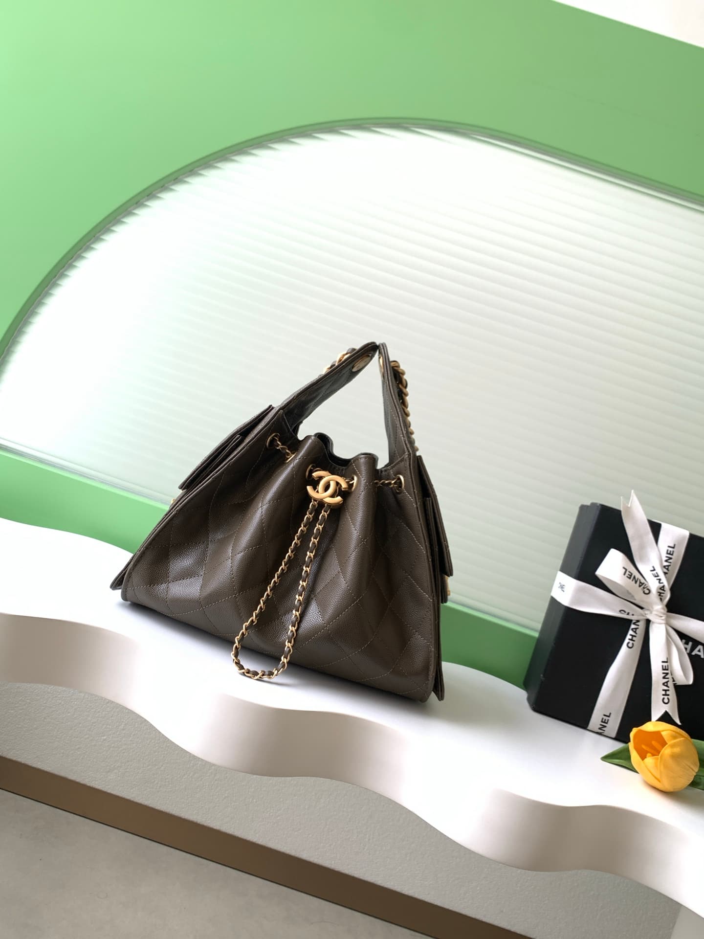 Chanel 25 Small Hobo handbag AS5293 Grained Calfskin & Gold-tone Metal Dark Khaki A