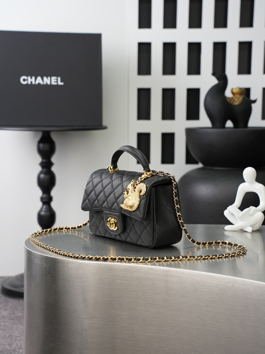 Chanel FLAP BAG WITH TOP HANDLE AS2431 Calfskin & Gold-Tone Metal Black A
