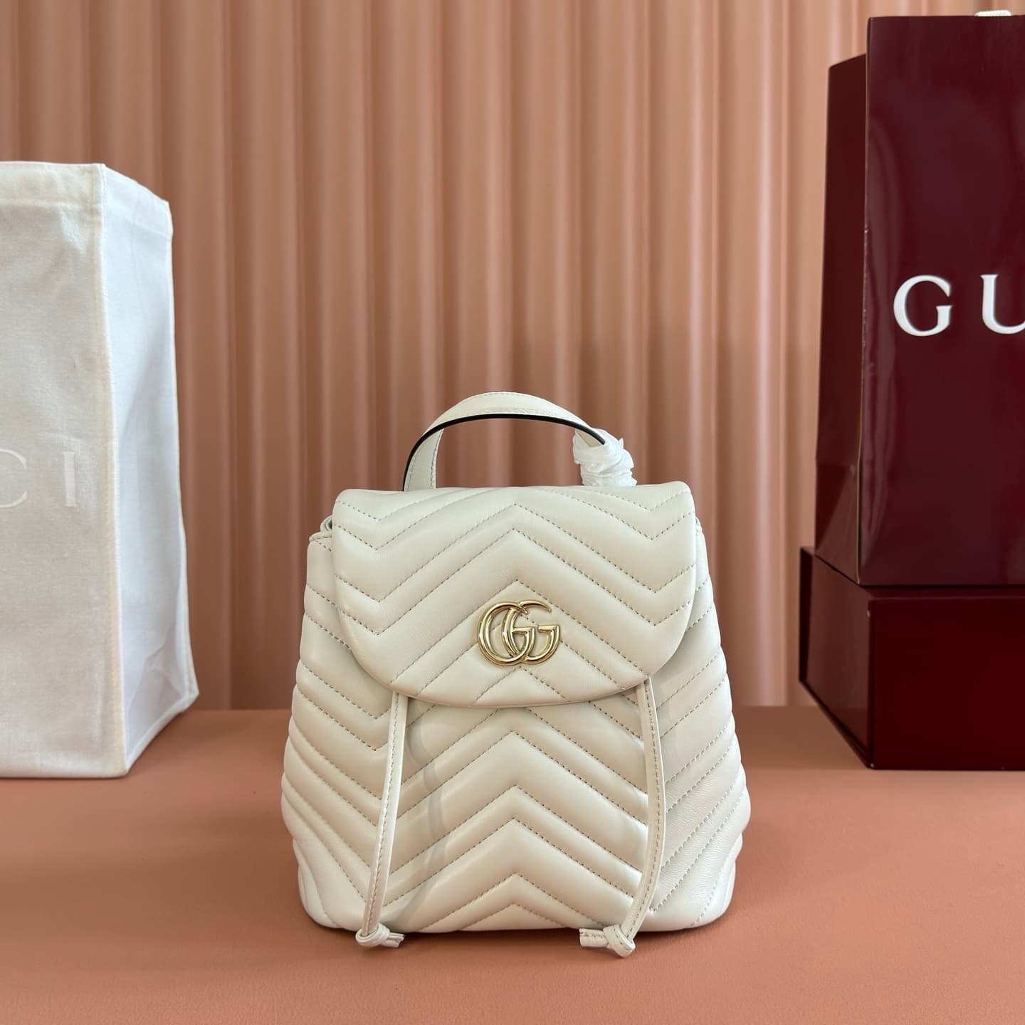 Gucci GG Marmont Mini Backpack White Matelassé Chevron Nappa Leather 855921 High