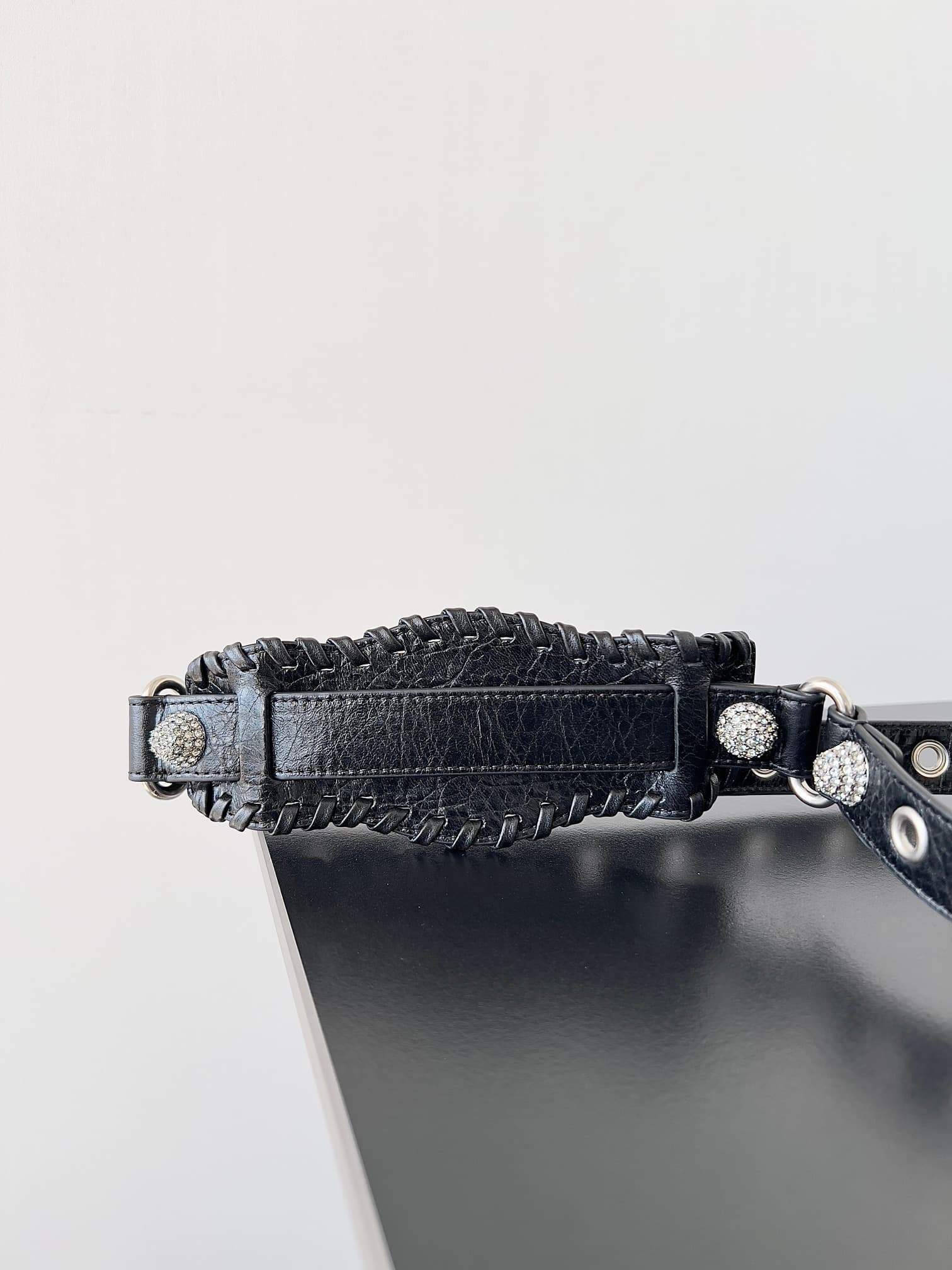 Balenciaga Small Neo Cagole City bag in Black lambskin leather with crystal rhinestones High