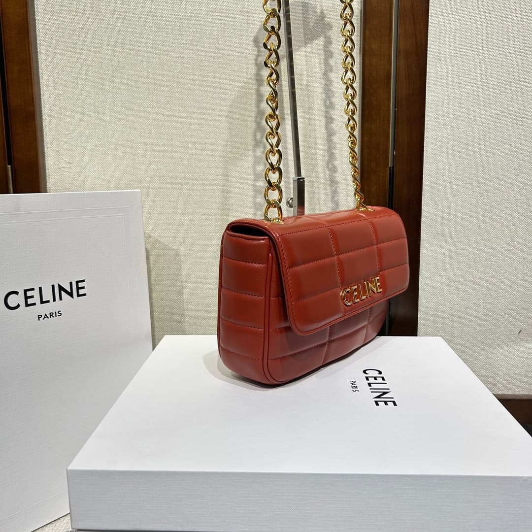 Celine Matelasse Monochrome Chain Shoulder Bag Red High