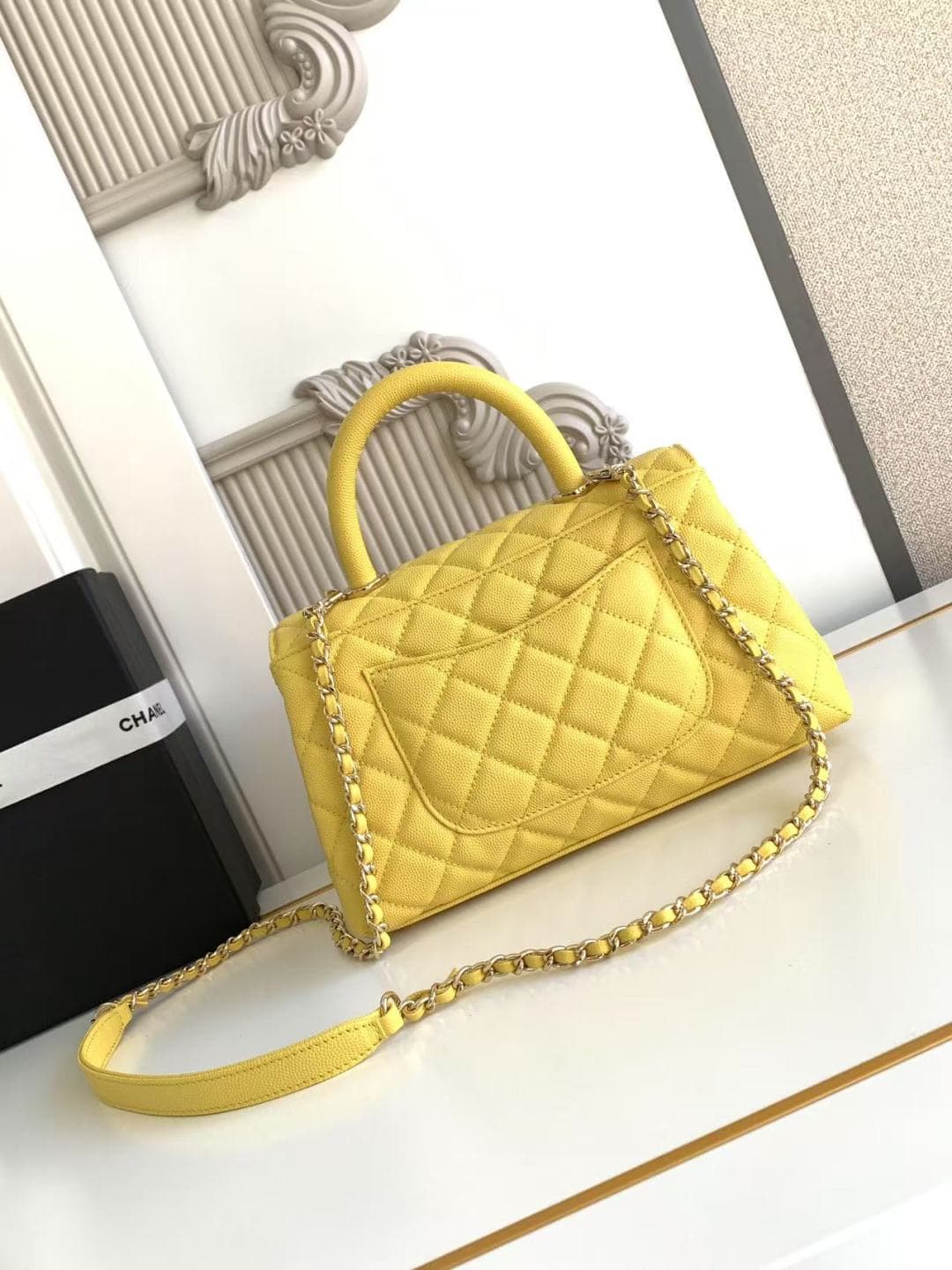 FLAP BAG WITH TOP HANDLE Grained Calfskin & Gold-Tone Metal A92990 Yellow Binding A