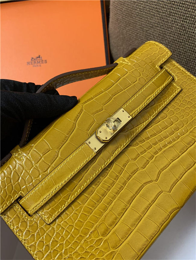 Hermes Kelly Pochette Bag Crocodile Silver/Gold Metal WAX High Customizing Style