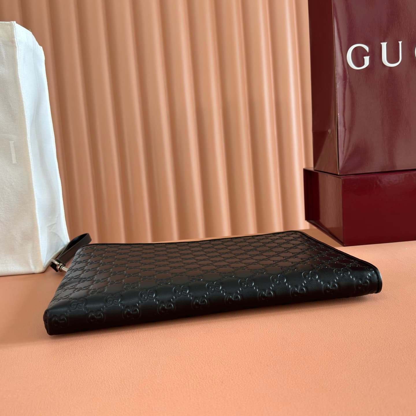 Gucci GG Emblem medium pouch Black embossed GG leather ‎850223 High