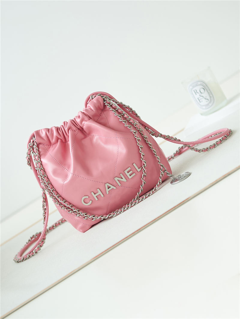Chanel 22 MINI HANDBAG Shiny Calfskin Pink-Peach & Silver-Tone Metal AS3980 A