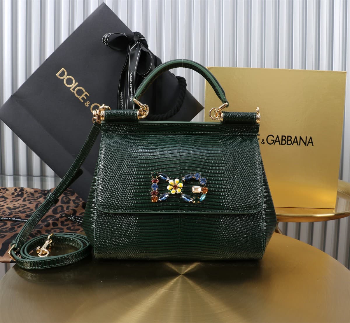 Sicily Handbag 20cm in Iguana Print Calfskin and Crystal DG Logo Patch High