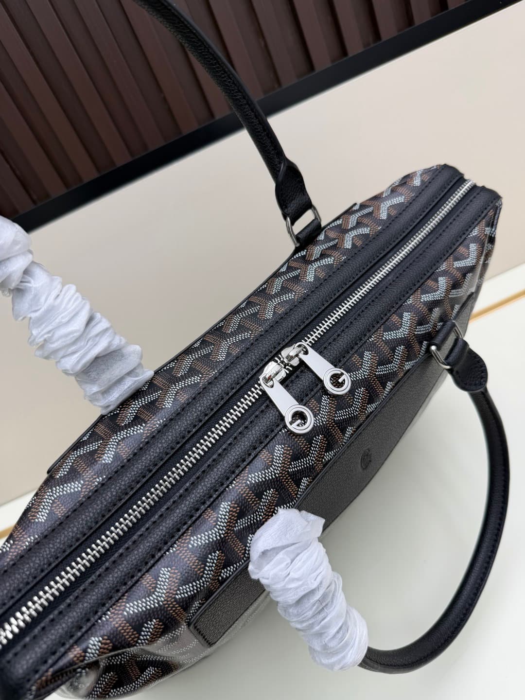 Goyard Cisalpin Document Case Black Chevron Print Coated Canvas Mid